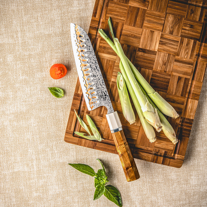 Chef knife - Raiden Handmade Japanese Santoku Knife - Exotic Rosewood Burl Composite Handle - Shokunin USA