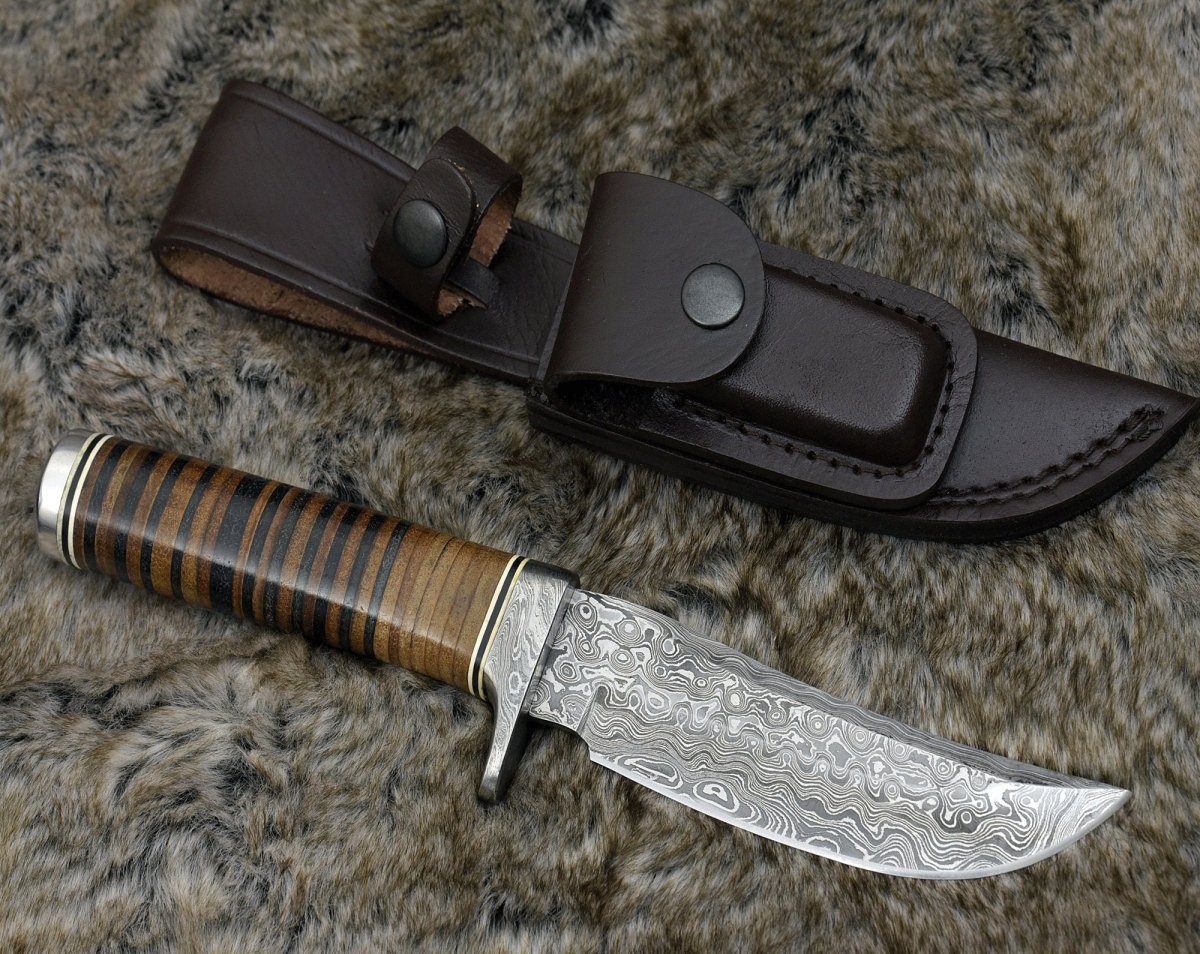 Damascus Knife - Serenity Damascus Hunting Knife with Stacked Leather Handle - Shokunin USA