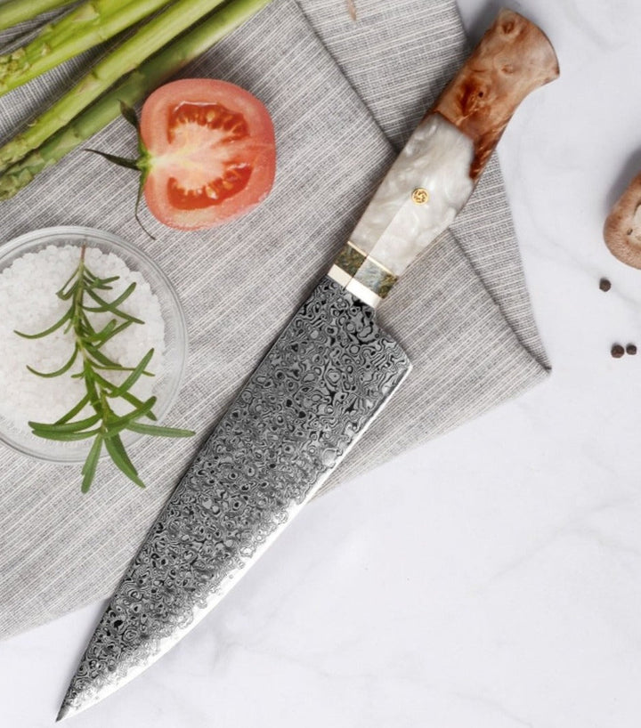 Chef Knife - Shinobi VG10 Chef Knife with Exotic Olive Wood &amp; Mother of Pearl Handle - Shokunin USA