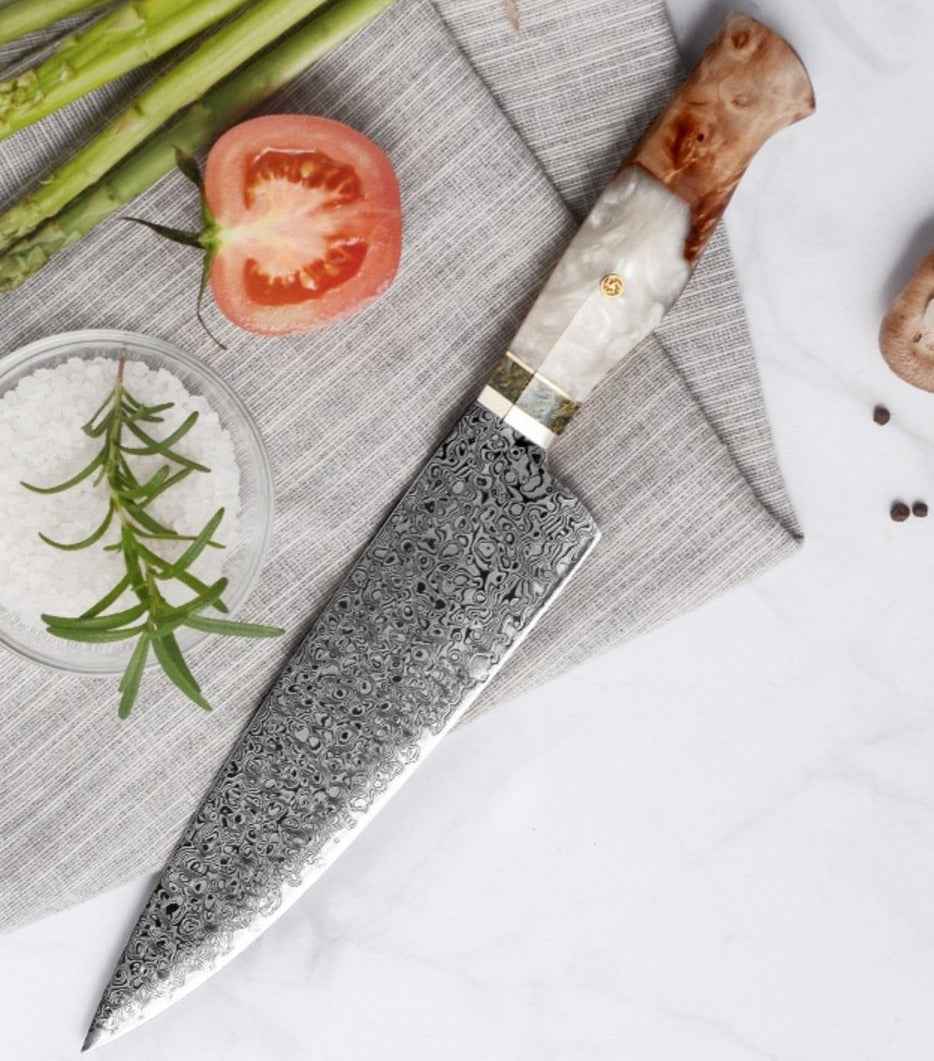 Shinobi VG10 Chef Knife with Exotic Olive Wood & Mother of Pearl Handle - Shokunin USA