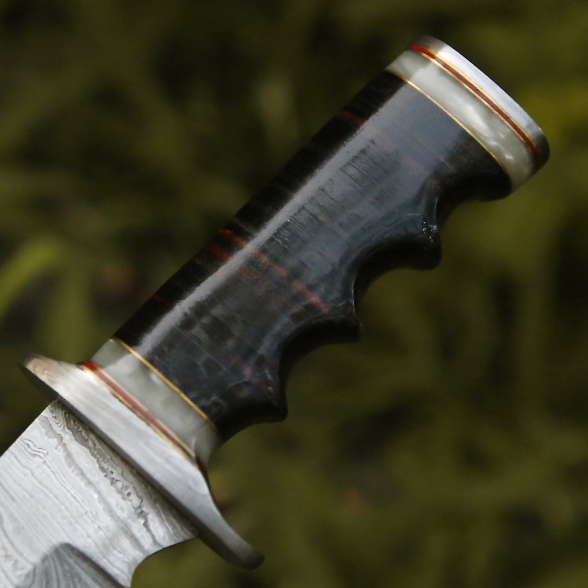 Damascus Knife - Soul Sniper Bowie Knife with Mother of Pearl & Stacked Leather Handle - Shokunin USA
