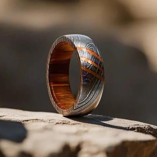 Damascus Rings – Titan Damascus Steel Wedding Ring Band with Wood Inlay – shokuninusa