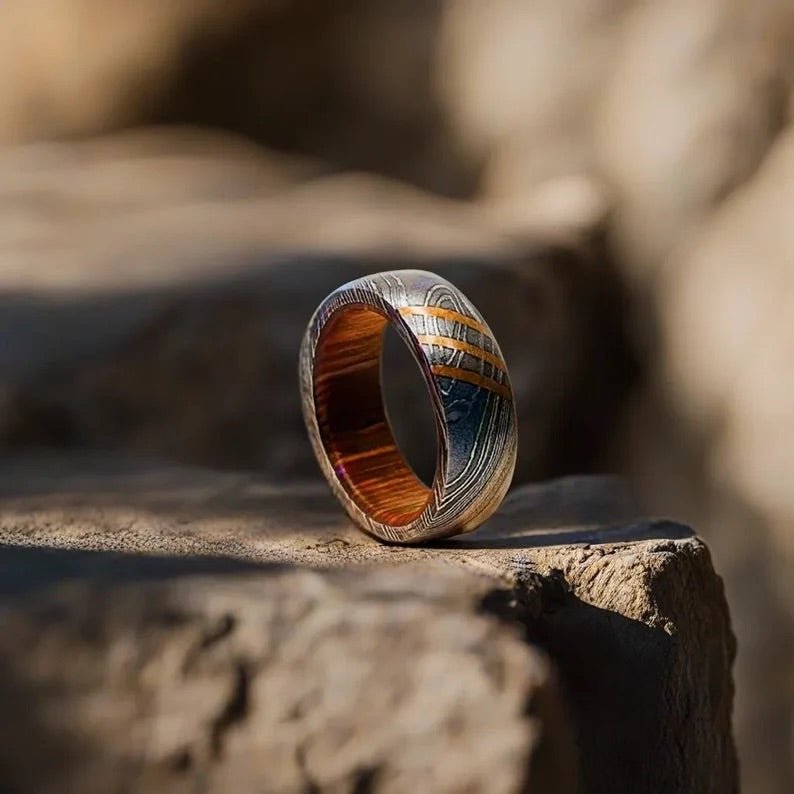Titan Ring – Titan Damascus Steel Wedding Ring Band with Wood Inlay – shokuninusa