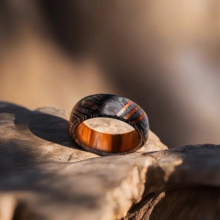 Damascus Ring Gifts – Titan Damascus Steel Wedding Ring Band with Wood Inlay – shokuninusa