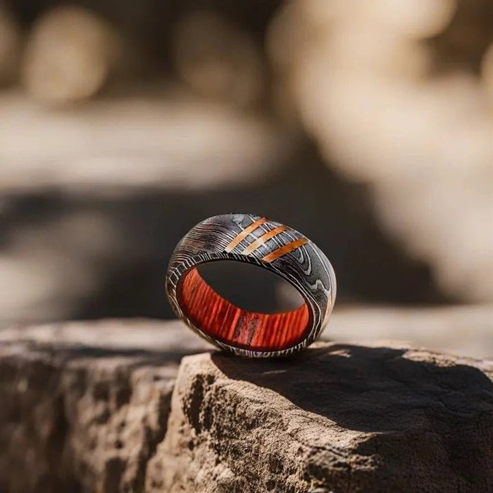 Titan Damascus Rings – Titan Damascus Steel Wedding Ring Band with Wood Inlay – shokuninusa