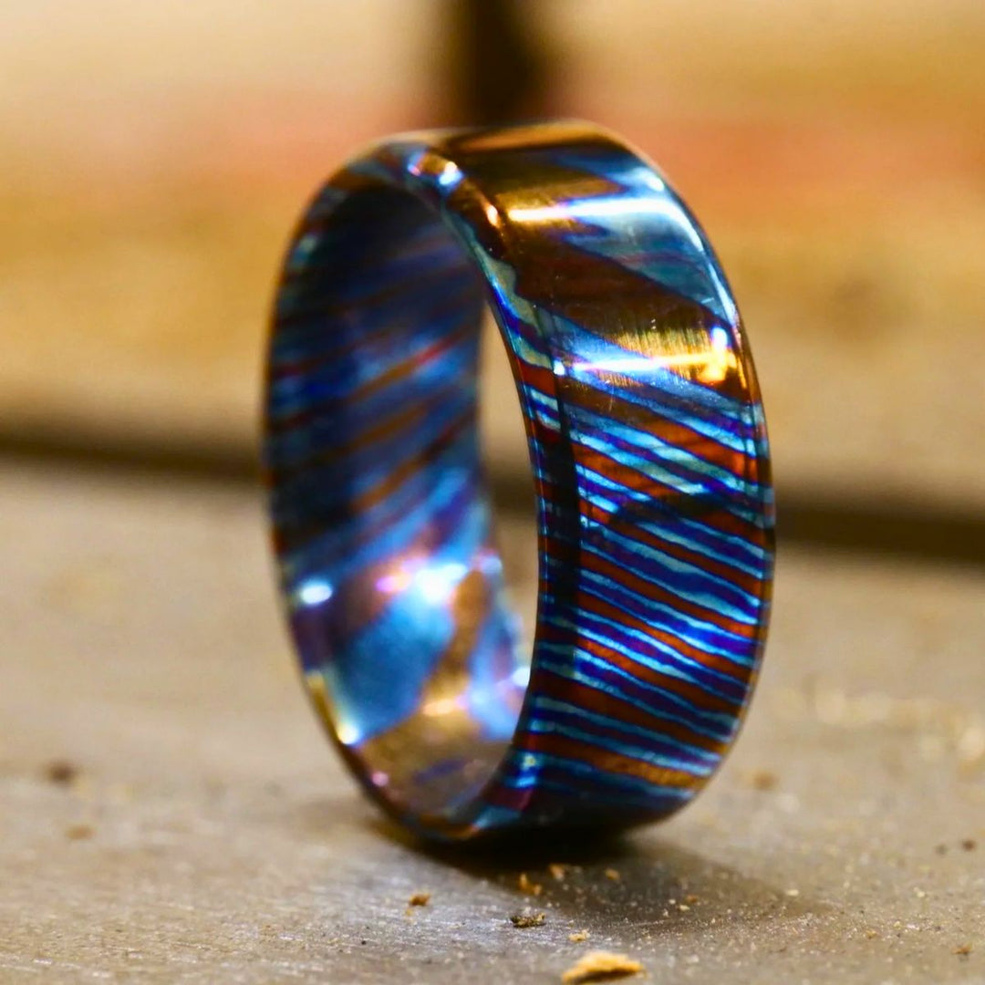 Timascus ring – Titan Handcrafted Timascus / Titanium Damascus Ring – Unique Metal Pattern & Bold Design – shokuninusa