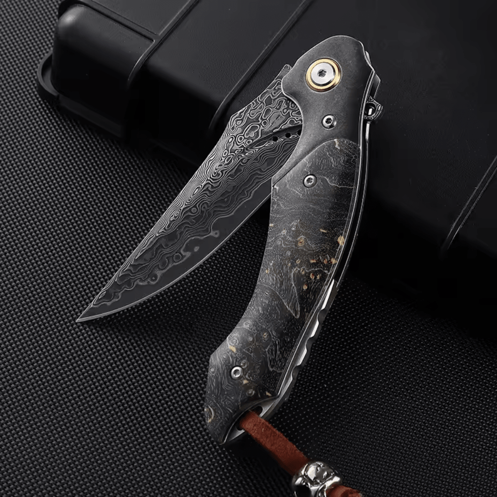 Venom Japanese Damascus Pocket Knife with Stained Maple Burl Wood Handle - Shokunin USA