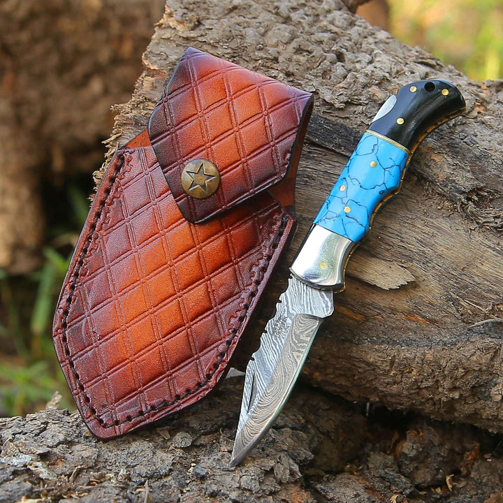 Pocket Knife - Phoenix Pocket Knife with Turrquoise &amp; Bull Horn Handle - Shokunin USA