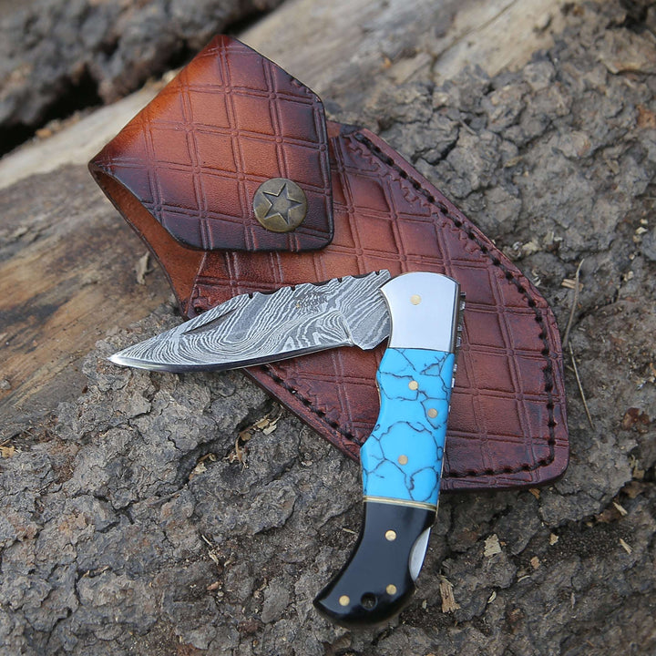 Pocket Knife - Phoenix Pocket Knife with Turrquoise &amp; Bull Horn Handle - Shokunin USA