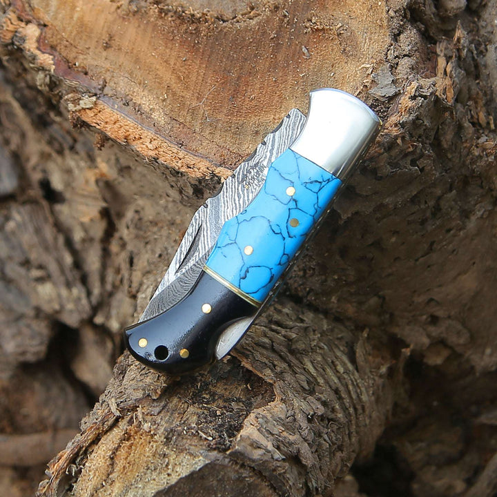 Pocket Knife - Phoenix Pocket Knife with Turrquoise &amp; Bull Horn Handle - Shokunin USA