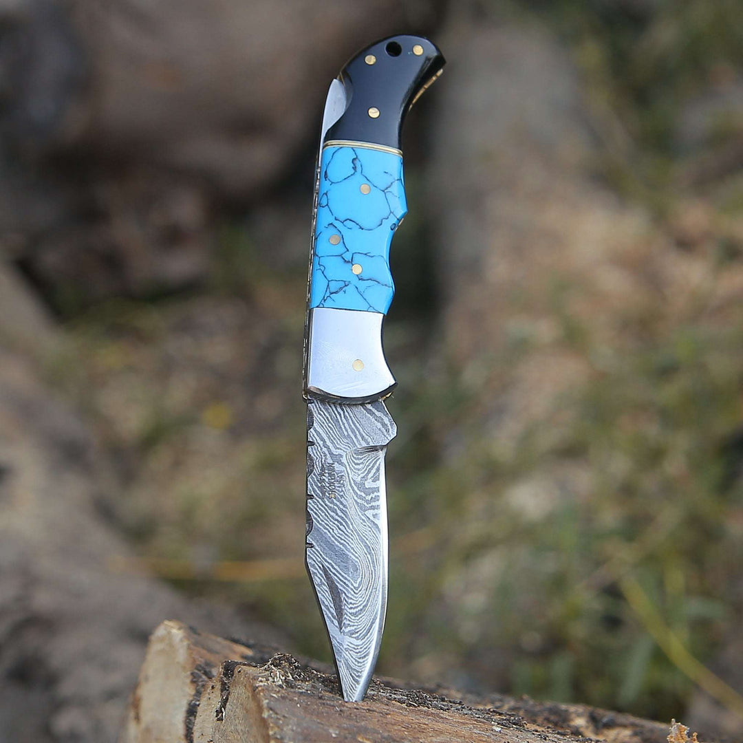 Pocket Knife - Phoenix Pocket Knife with Turrquoise &amp; Bull Horn Handle - Shokunin USA