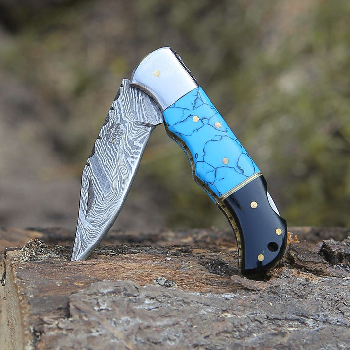 Pocket Knife - Phoenix Pocket Knife with Turrquoise &amp; Bull Horn Handle - Shokunin USA