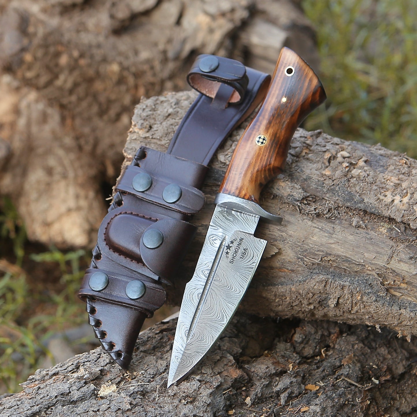 Utility Knife - Frontier Custom Damascus Steel Knife with Charred Oak Wood Handle - Shokunin USA