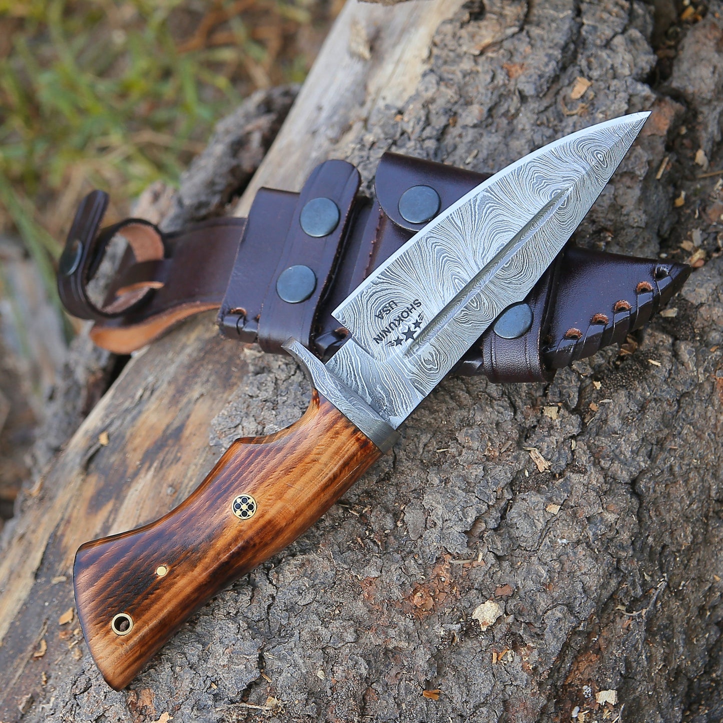 Utility Knife - Frontier Custom Damascus Steel Knife with Charred Oak Wood Handle - Shokunin USA