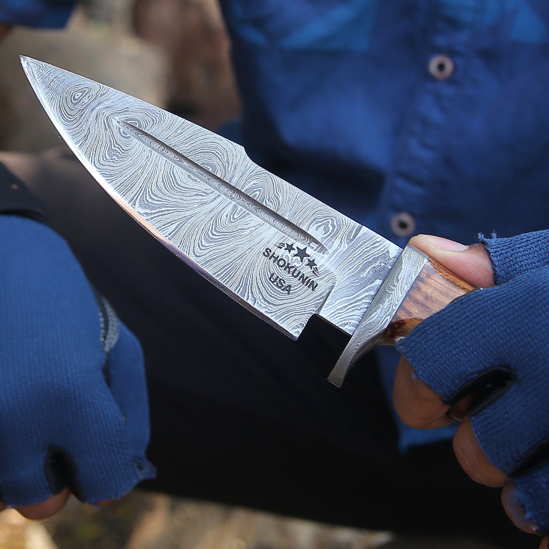 Utility Knife - Frontier Custom Damascus Steel Knife with Charred Oak Wood Handle - Shokunin USA