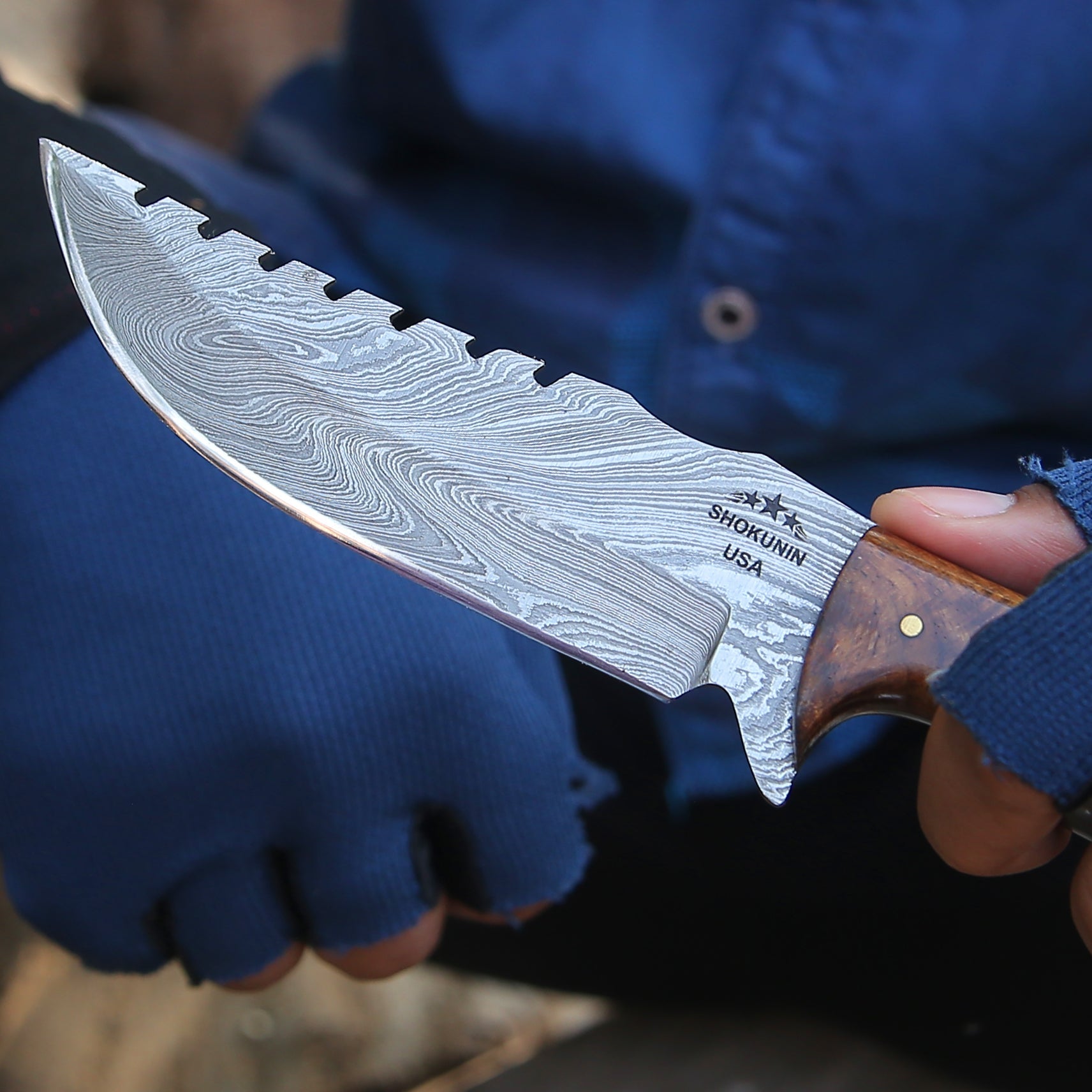 Damascus Knife - Ravager Handmade Damascus Knife with Mother of Pearl Resin & Rosewood Handle - Shokunin USA