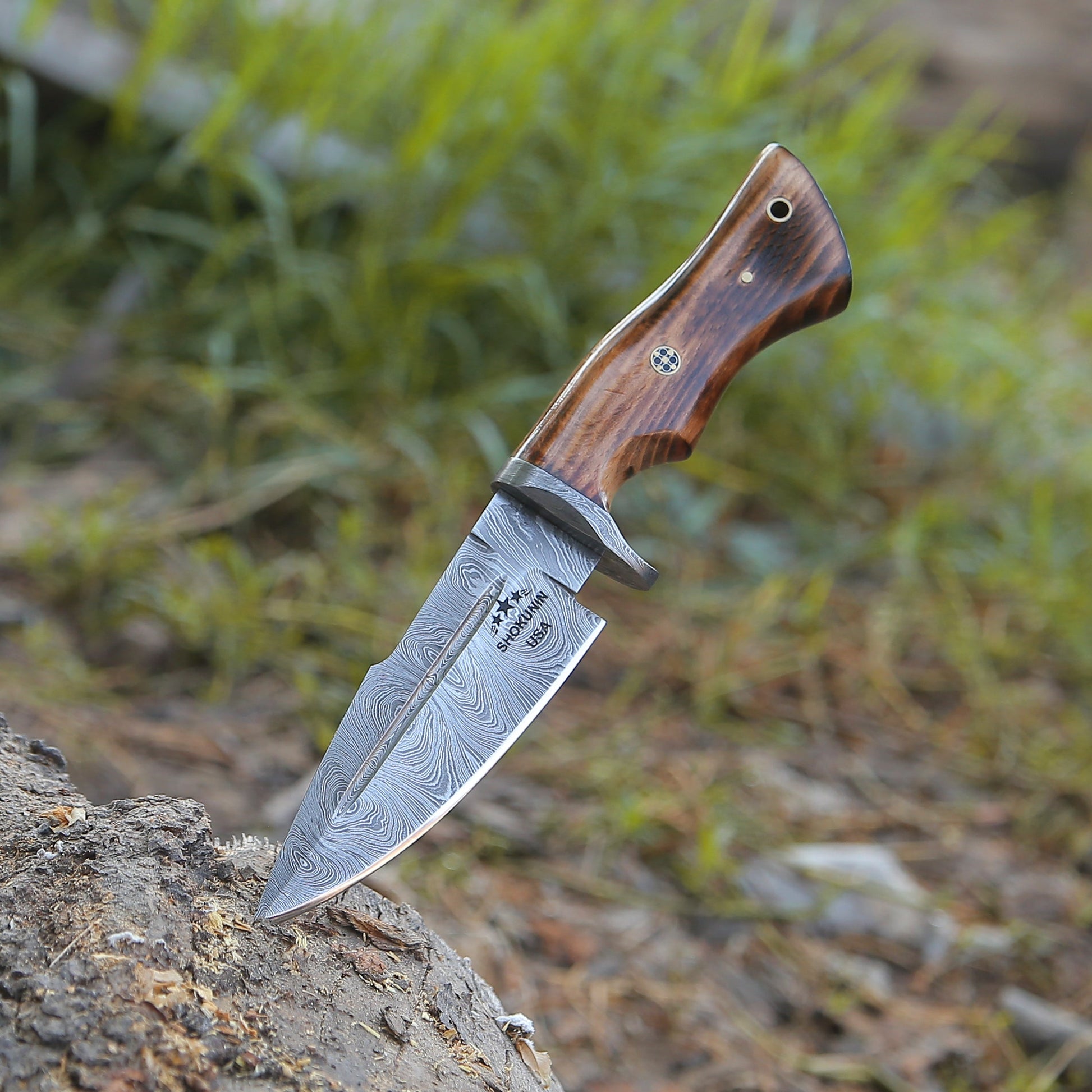 Utility Knife - Frontier Custom Damascus Steel Knife with Charred Oak Wood Handle - Shokunin USA
