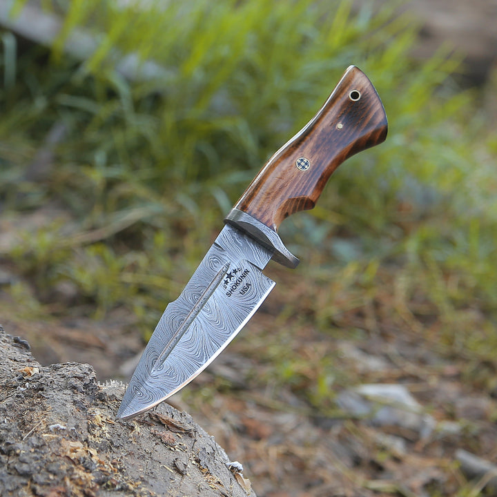 Frontier Custom Damascus Steel Knife with Charred Oak Wood Handle - Shokunin USA