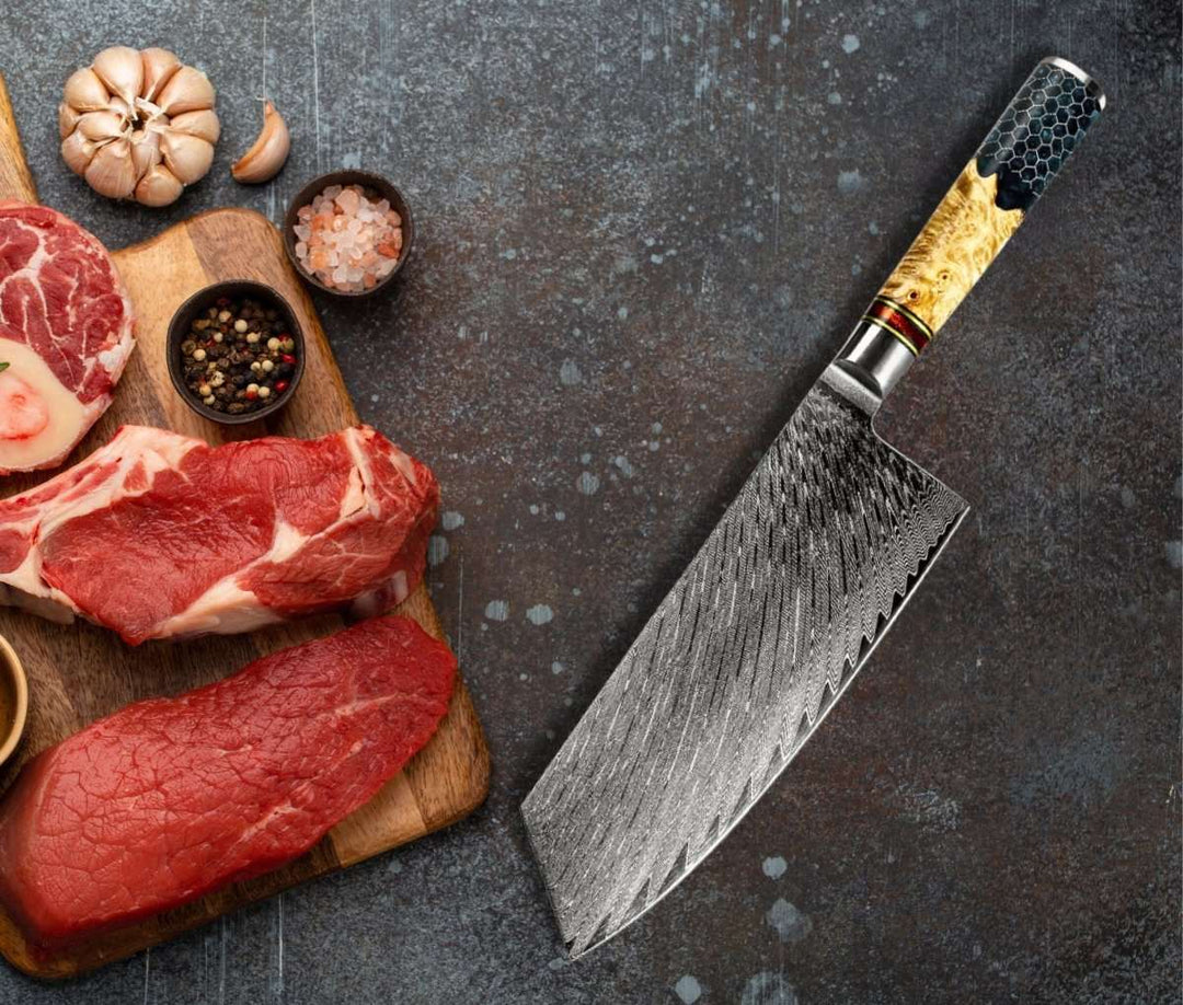 Cleaver knives - Yamato VG10 Damascus Cleaver Knife with Exotic Olive Wood &amp; Honeycomb Composite Handle - Shokunin USA