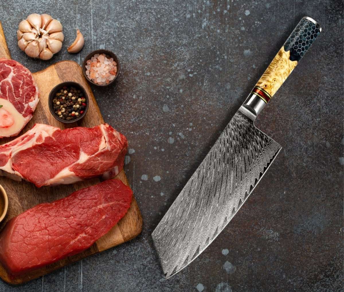 Cleaver knives - Yamato VG10 Damascus Cleaver Knife with Exotic Olive Wood & Honeycomb Composite Handle - Shokunin USA