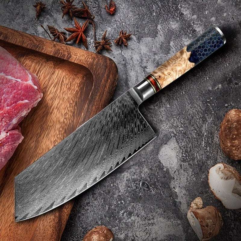 Cleaver knives - Yamato VG10 Damascus Cleaver Knife with Exotic Olive Wood &amp; Honeycomb Composite Handle - Shokunin USA