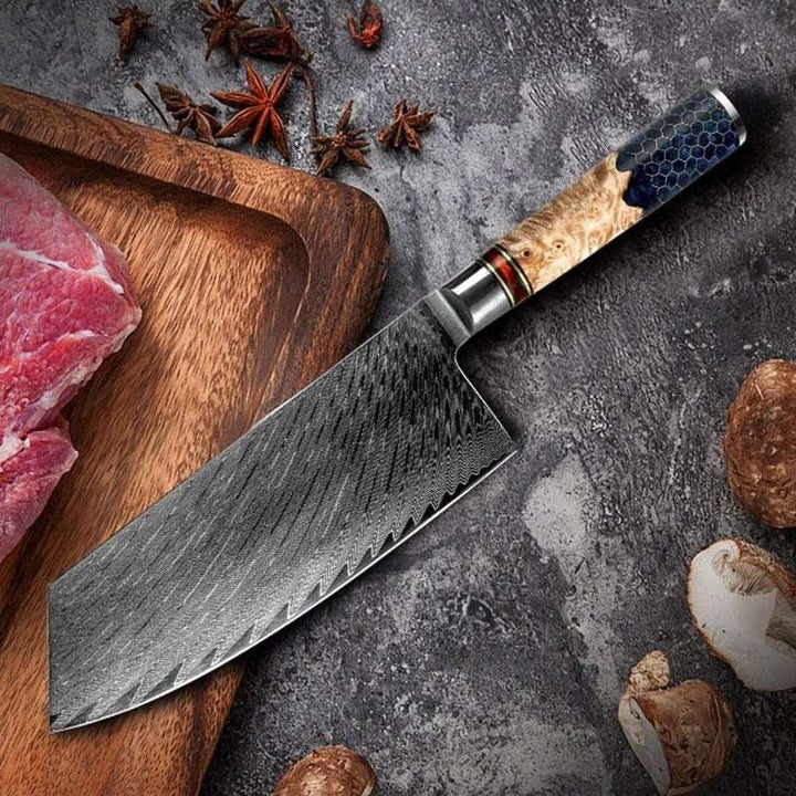 Cleaver knives - Yamato VG10 Damascus Cleaver Knife with Exotic Olive Wood &amp; Honeycomb Composite Handle - Shokunin USA