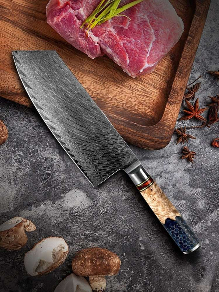 Cleaver knives - Yamato VG10 Damascus Cleaver Knife with Exotic Olive Wood &amp; Honeycomb Composite Handle - Shokunin USA