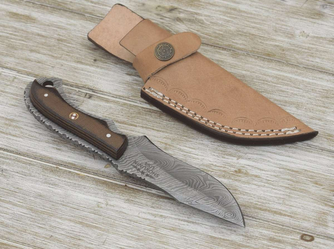 Damascus Knife - Alchemy Damascus Skinning Knife with Micarta Handle - Shokunin USA