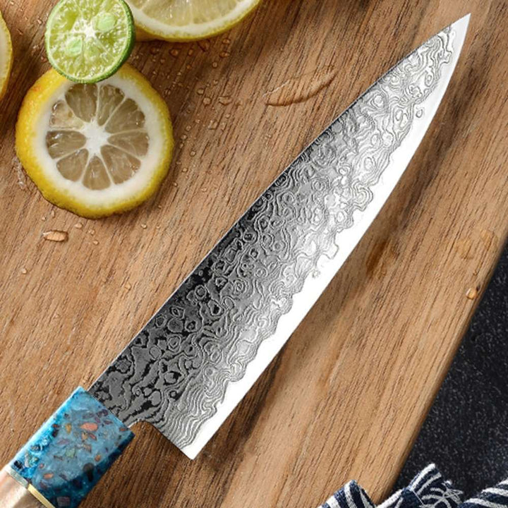 Chef knife - Cascade Damascus Chef Knife with Exotic Olive Wood &amp; Resin Handle - Shokunin USA