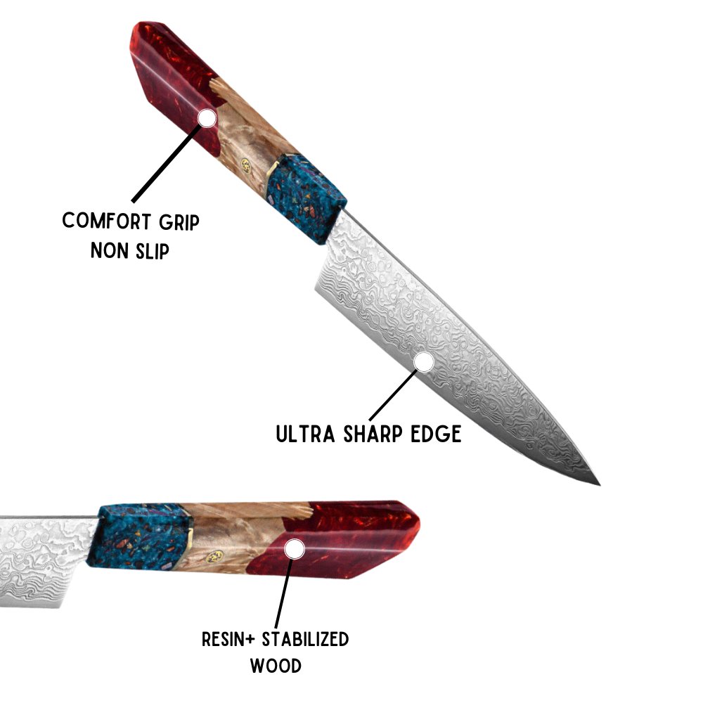 Chef knife - Cascade Damascus Chef Knife with Exotic Olive Wood &amp; Resin Handle - Shokunin USA