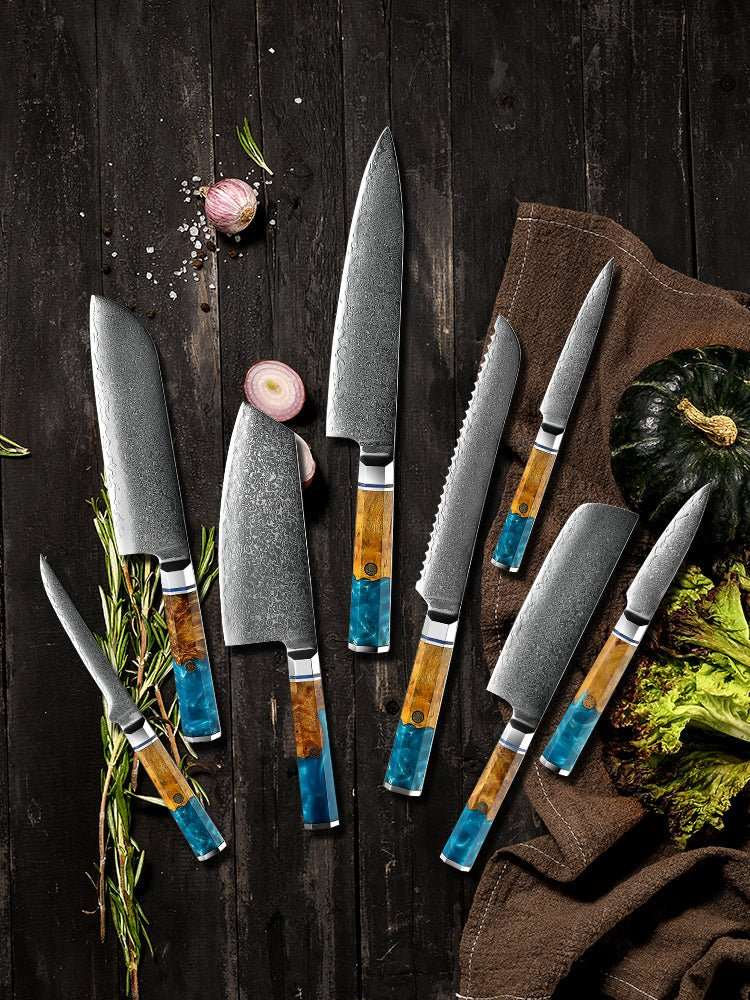 Chef Knife Set - Allure Professional Japanese VG10 Damascus 8-Pcs Knife Set with Exotic Olive Burl Wood &amp; Resin Handle - Shokunin USA
