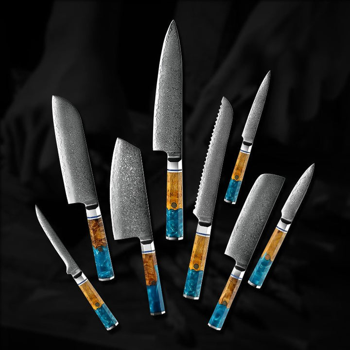 Chef Knife Set - Allure Professional Japanese VG10 Damascus 8-Pcs Knife Set with Exotic Olive Burl Wood &amp; Resin Handle - Shokunin USA