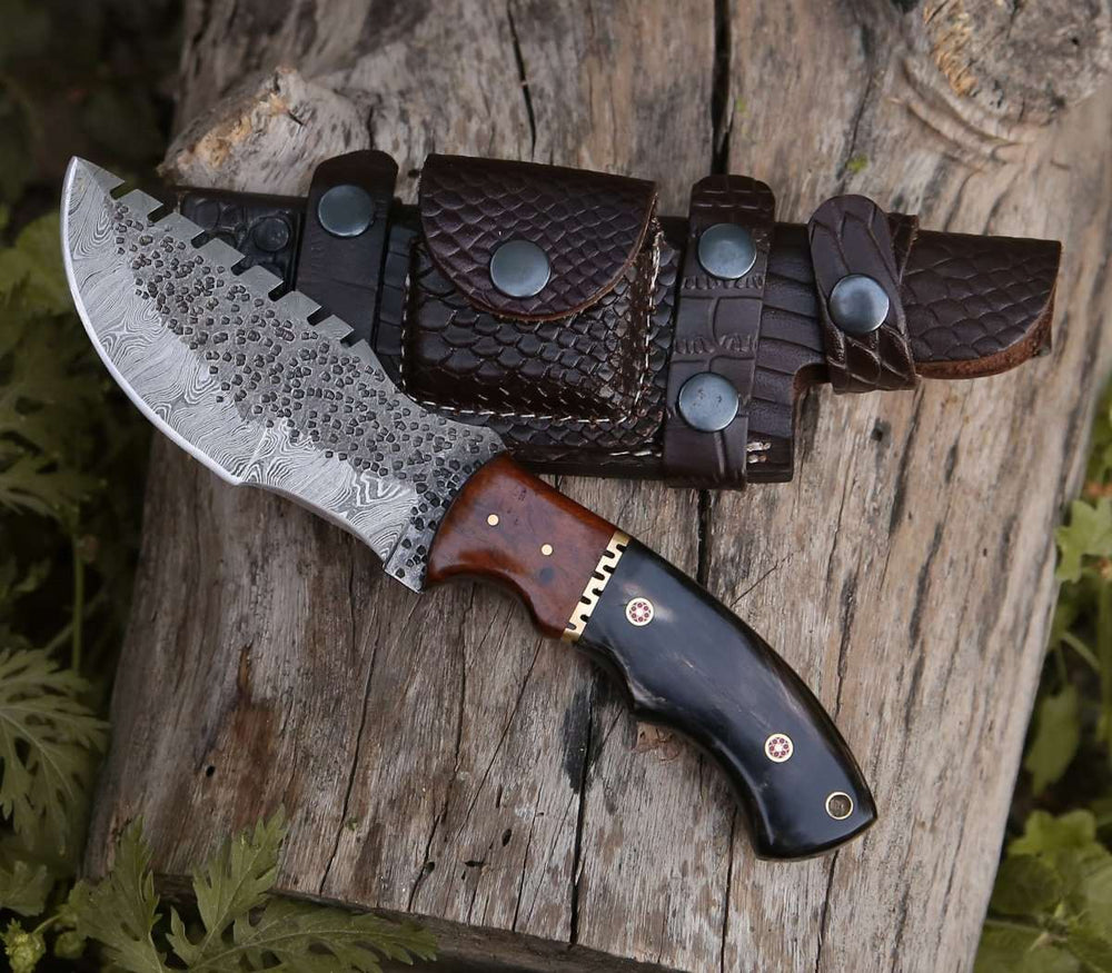 Crest Damascus Tracker Knife with Exotic Rose Wood and Horn Handle - Shokunin USA
