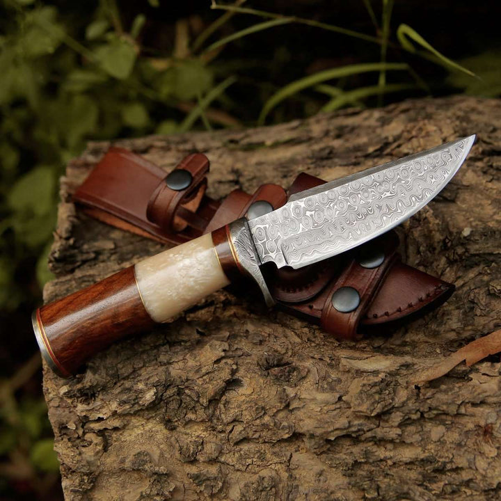 Elite Damascus Hunting Knife with Mother of Pearl &amp; Rose Wood Handle - Shokunin USA