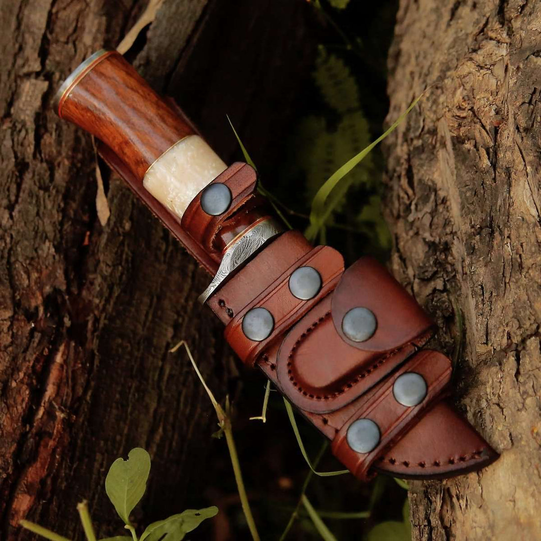 Elite Damascus Hunting Knife with Mother of Pearl &amp; Rose Wood Handle - Shokunin USA