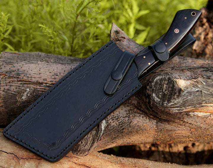 Ember Damascus Cleaver Knife with Bone &amp; Exotic Wenge Wood Handle - Shokunin USA