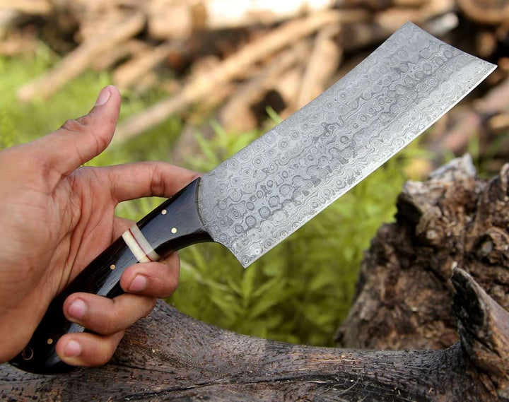 Ember Damascus Cleaver Knife with Bone &amp; Exotic Wenge Wood Handle - Shokunin USA
