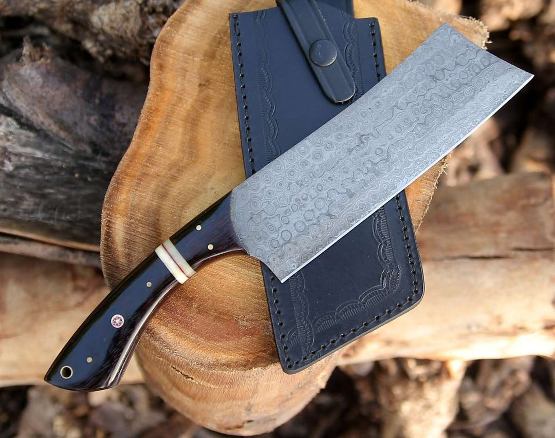 Ember Damascus Cleaver Knife with Bone &amp; Exotic Wenge Wood Handle - Shokunin USA