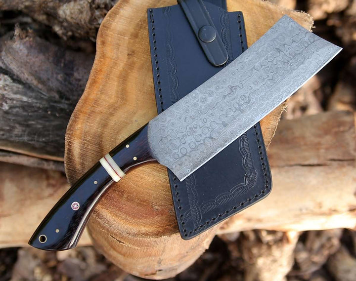 Ember Damascus Cleaver Knife with Bone &amp; Exotic Wenge Wood Handle - Shokunin USA