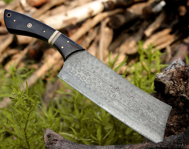 Ember Damascus Cleaver Knife with Bone &amp; Exotic Wenge Wood Handle - Shokunin USA