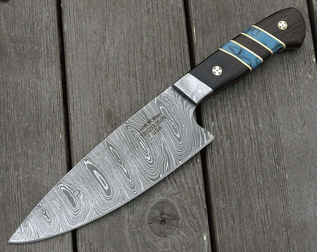 Chef knife - Epicurian Damascus Chef Knife with Exotic Wenge Wood &amp; Turquoise Handle - Shokunin USA