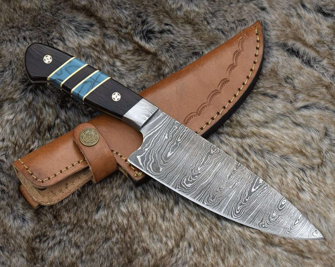 Chef knife - Epicurian Damascus Chef Knife with Exotic Wenge Wood &amp; Turquoise Handle - Shokunin USA
