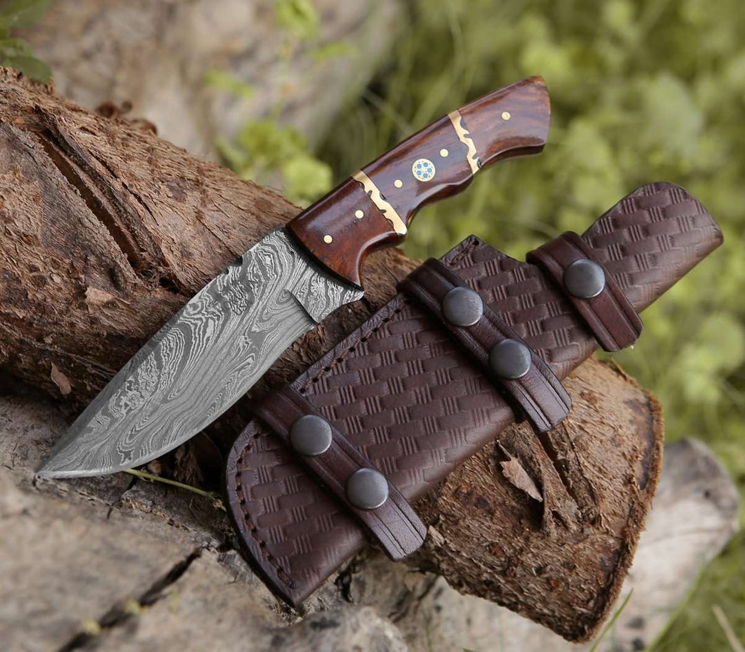 Fang Damascus Camp Knife with Rose Wood Handle - Shokunin USA
