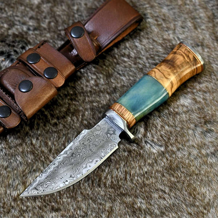 Fixed blade knife. - Frost Damascus Hunting Knife with Olive Wood &amp; Bone Handle - Shokunin USA