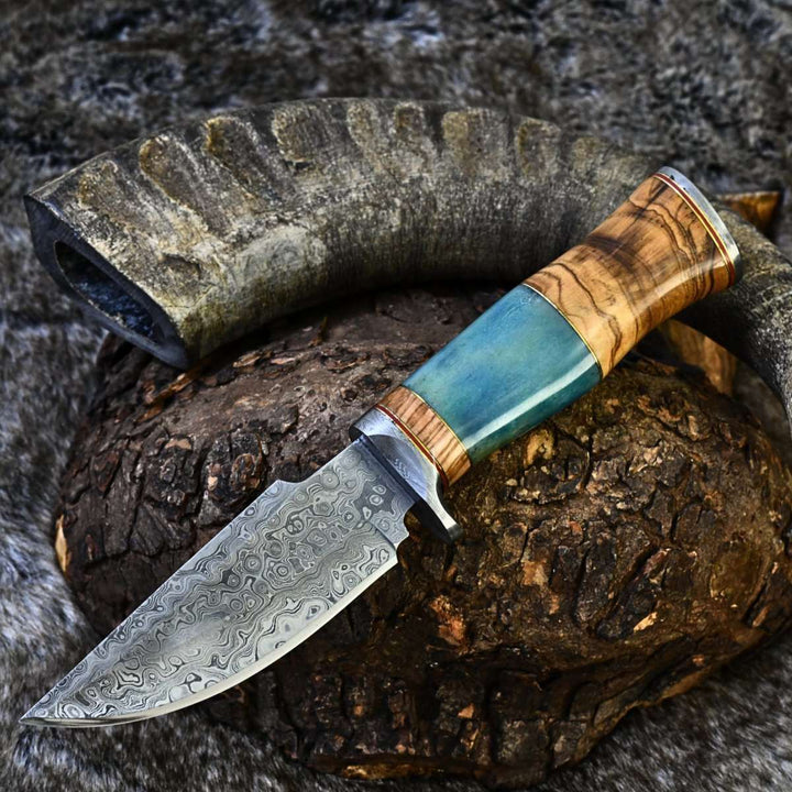 Fixed blade knife. - Frost Damascus Hunting Knife with Olive Wood &amp; Bone Handle - Shokunin USA
