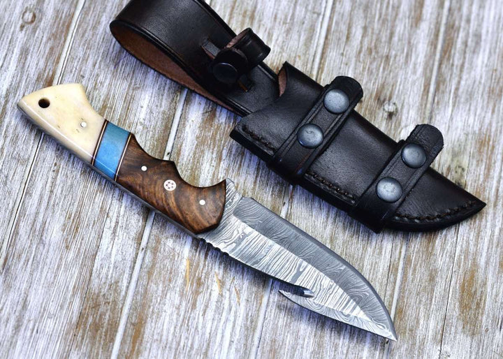 Gravity Damascus Gut Hook Hunting Knife with Exotic Rose Wood and Bone Handle - Shokunin USA