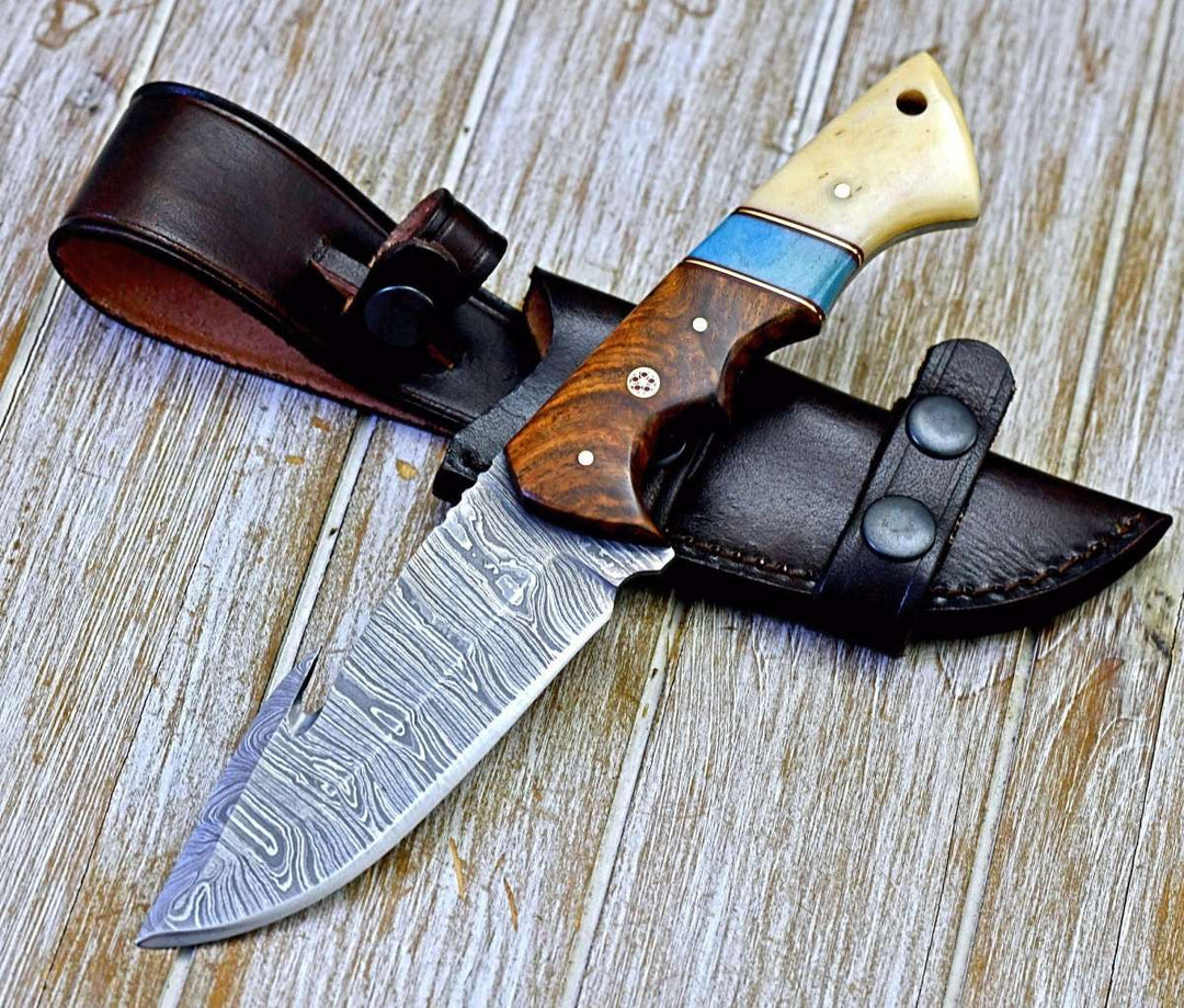 Gravity Damascus Gut Hook Hunting Knife with Exotic Rose Wood and Bone Handle - Shokunin USA