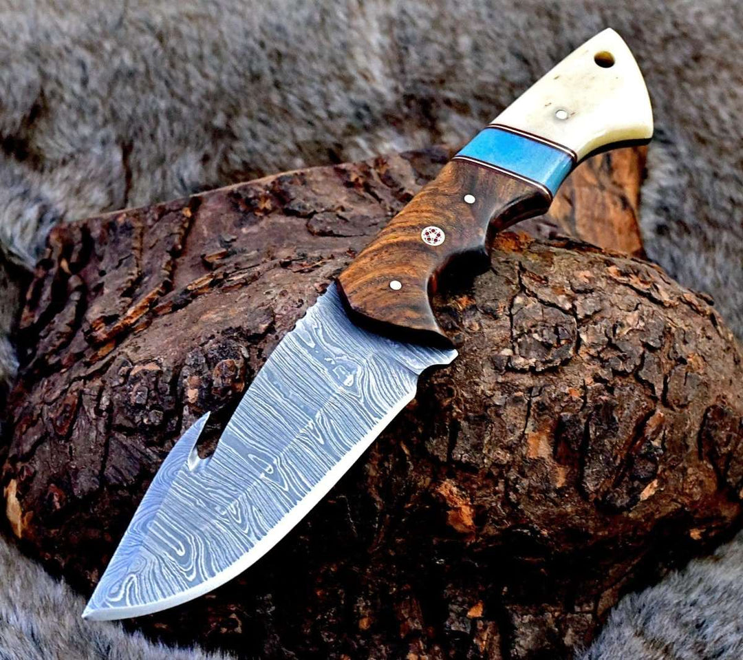 Gravity Damascus Gut Hook Hunting Knife with Exotic Rose Wood and Bone Handle - Shokunin USA