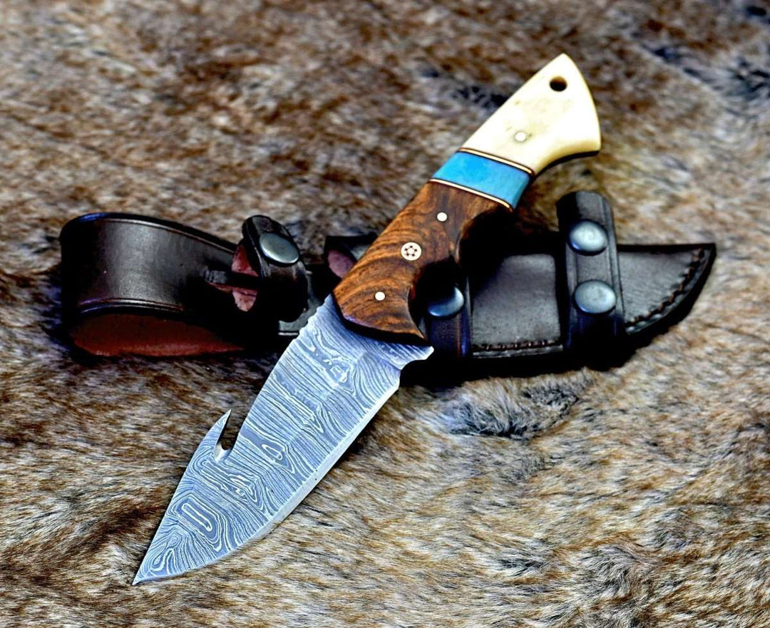 Gravity Damascus Gut Hook Hunting Knife with Exotic Rose Wood and Bone Handle - Shokunin USA
