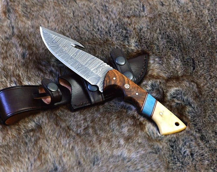 Gravity Damascus Gut Hook Hunting Knife with Exotic Rose Wood and Bone Handle - Shokunin USA